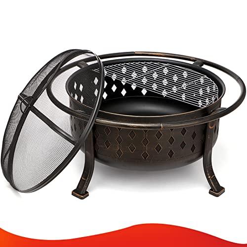 SINGLYFIRE 36 Inch Fire Pits for Outside Large Outdoor Wood Burning Crossweave firepit Heavy Duty Steel Bronze Bonfire Pit for Patio Backyard Garden with BBQ Grate,Spark Screen,Log Grate,Poker - CookCave