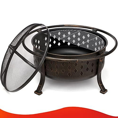 SINGLYFIRE 36 Inch Fire Pits for Outside Large Outdoor Wood Burning Crossweave firepit Heavy Duty Steel Bronze Bonfire Pit for Patio Backyard Garden with BBQ Grate,Spark Screen,Log Grate,Poker - CookCave