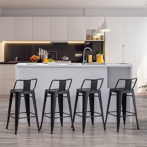 Apeaka 26 inch Metal Bar Stools Set of 4 Modern Counter Height Stools with Backs Low Back Bar Chairs for Indoor Outdoor Matte Black - CookCave