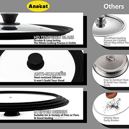 Anaeat Silicone Universal Lid for Pots, Pans and Skillets - Tempered Glass Covered with Heat Resistant Silicone Rim Fits 6", 7" and 8" Diameter Cookware -Easy to Use Replacement Frying Pan Cover - CookCave