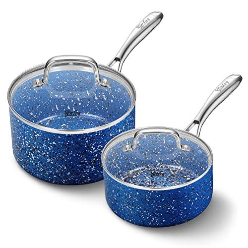 HLFRG Saucepan Set with Lid, Nonstick 2Qt & 3Qt Sauce Pan Set with Lid, Small Pot with Lid, Natural Granite Nonstick Saucepan Set, Small Sauce Pots, Blue Pot Set - 2Qt & 3Qt - CookCave