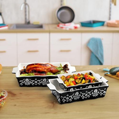 Bekith 3-Piece Ceramic Baking Dishes with Handles, Casserole Dishes for Oven, Rectangular Deep Lasagna Pans, Porcelain Bakeware Sets for Baking Cake Kitchen, Cooking, Black and White - CookCave