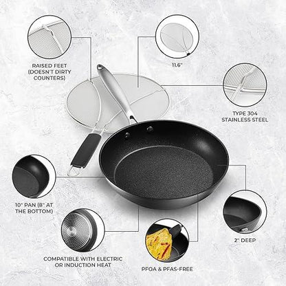 Frying Pans Nonstick - 10" Non Stick Frying Pan with Lid Splatter Screen - Lightweight Aluminum Fry Pan Skillet Includes Spatula - 2" Deep Egg Pan, PFAS-Free and PFOA Free, Dishwasher Safe, Oven Safe - CookCave