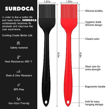 SURDOCA Silicone Pastry Basting Brush - 2Pcs 8.2 in Heat Resistant Brush for Baking Cooking Food, BPA Free Kitchen Brush for Sauce Butter Oil, Stainless Steel Core Design for Barbecue BBQ Grilling. - CookCave