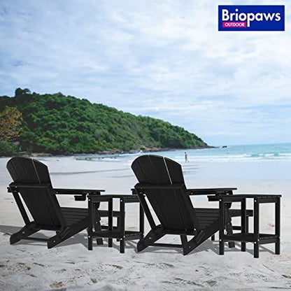 BRIOPAWS Folding Adirondack Chair with Adjustable Backrest & Ottoman, Wood Texture All-Weather HDPE Outdoor Chairs w/Cup Holders & Retractable Footrest for Poolside, Fire Pit, Campfire, Deck, Black - CookCave