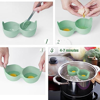 Microwave Egg Poacher, 2 Cavity Silicone Poached Egg Cooker with Lid and Handle for Microwave, Instant Pot and Stovetop, Egg Poacher Cups Kitchen Cooking Tools Dishwasher Safe Pack of 4 (Green) - CookCave