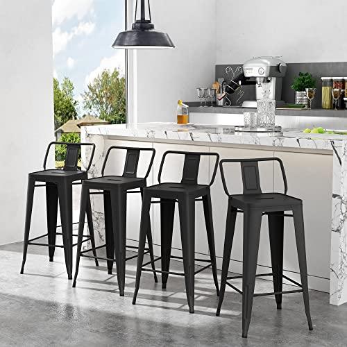 Apeaka 26 inch Metal Bar Stools Set of 4 Modern Counter Height Stools with Backs Low Back Bar Chairs for Indoor Outdoor Matte Black - CookCave
