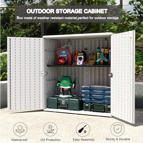 KINYING Outdoor Storage Cabinet Waterproof with Doors, 60 Gallon Resin Deck Box for Patio Furniture Cushions, Garden Tools, Pool Tools and Kids’ Toys (Off-White with 1 Shelving) - CookCave