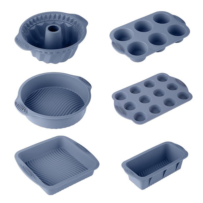 BAKEWARE SET 6 in 1 silicone baking set. Six piece baking set includes a bundt pan, one round and one square cake pan, a loaf pan, a 6 cup muffin pan and a mini cupcake pan. (Grey) - CookCave