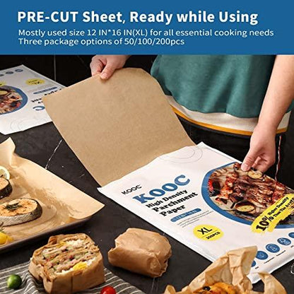 KOOC Premium 200-Pack 12x16 Inch Parchment Paper Sheets - Precut Unbleached Baking Paper - High Density & Compostable - Non-Stick - Ideal for Oven, Microwave, Air Fryer - Cooking and Baking Essential - CookCave