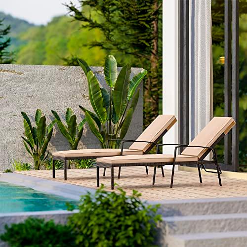 Pamapic 8512 Pieces, Chaise Thickened Cushion, PE Rattan Steel Frame Pool Lounge Chair Set for Patio Backyard Porch Garden Poolside, 2 PCS, Beige… - CookCave