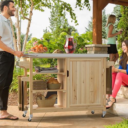 YITAHOME 53.74 L x 20.27 W Inches XL Outdoor Table and Storage Cabinet Solid Wood Movable Grill Table with Stainless Steel Top, Spice Rack, Side Handle for Outside Patio Kitchen Island or Bar Cart - CookCave