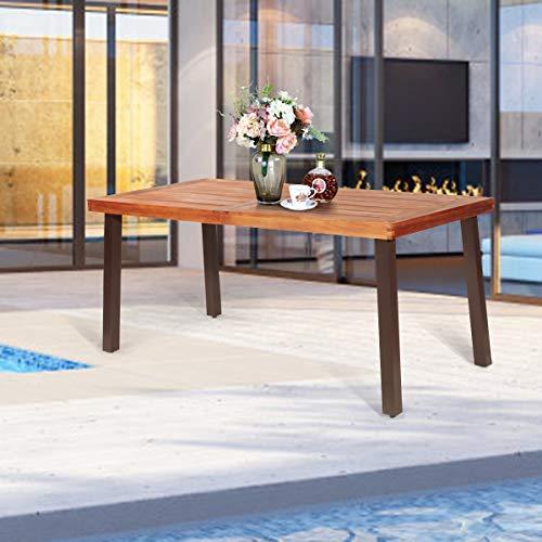 Tangkula Acacia Wood Outdoor Dining Table with Umbrella Hole, Modern Patio Table with Rustic Finished Steel Legs, Indoor & Outdoor Rectangular Table for Garden Park Poolside Porch - CookCave