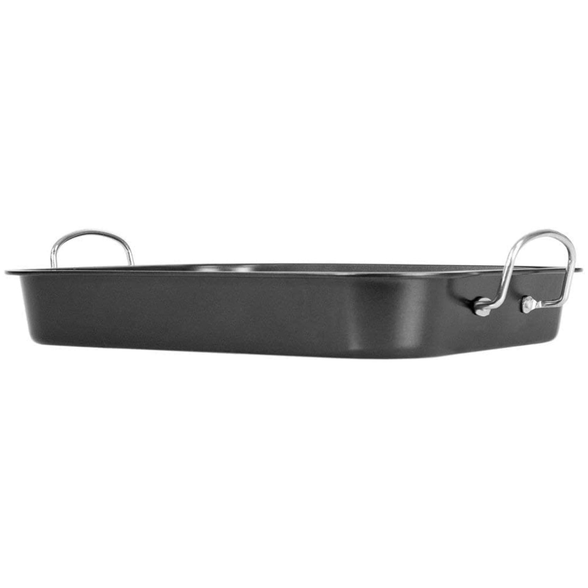 Deluxe Non Stick Roaster Pan/Turkey Roasting Pan with Rack and Handles, Excellent Broiler Pan for Turkeys, Hams and Chickens 14.5" x 11.5", Black - CookCave