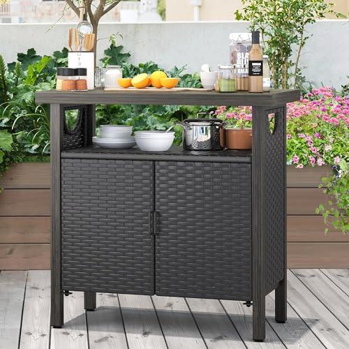 YITAHOME Outdoor Storage Cabinet, Patio Bar Table with Two Doors and Shelves, Weatherproof Wicker Storage Console Table for Outdoor Cushions, Pool Toys and Garden Potting - Black - CookCave