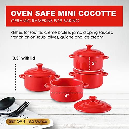 Bruntmor Soup Bowls Dinner Serving Ramekins 8.5 Oz Oven Safe Mini Cocotte Ceramic Ramekin For Baking, Mini Casserole with Lid, Souffle Dish, (Matte Red) - CookCave