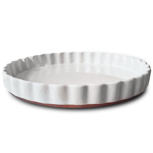Mora Ceramic Tart Pan, 9.5 Inch Large Porcelain Baking Dish for Tarts, Quiche, Pie, Flan etc. Fluted Ruffled Edge, Oven, Microwave, Freezer, and Dishwasher safe - Great Gift For Bakers - Vanilla White - CookCave