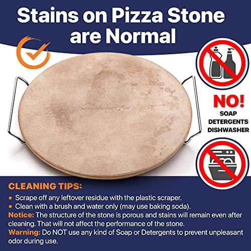 16" Pizza Stone for Oven & Grill with Handles - Natural Cordierite Baking Stone Set with SS Rack & Plastic Scraper (1500 °F Resistant, Round, Large) - CookCave