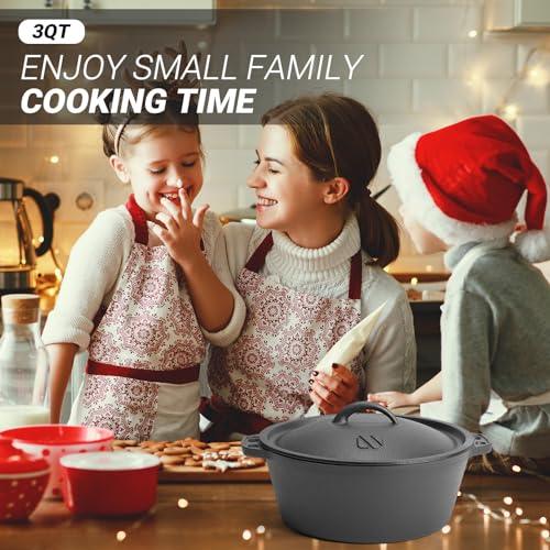 Pre-Seasoned Cast Iron Dutch Oven Pot with Lid, for Braising, Broiling, Frying, Sourdough Bread Baking, Camping Cookware, BBQ,3 Quart Pan - CookCave