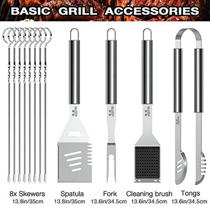 AISITIN 35PCS Grill Accessories BBQ Tools Set, Stainless Steel Grilling Kit with Thermometer, Fork, Tongs and Spatula, Meat Injector, Grill Mat - Gifts for Dad Durable, Stainless Steel Grill Tools - CookCave