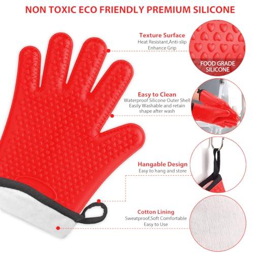 BBQ Gloves, Silicone Oven Mitts - Premium Grilling Gloves, Heat Resistant Gloves Handle Hot Food Right on Grill Fryer & Pit, Non-Slip Waterproof Kitchen Gloves for Barbecue, Cooking, Baking, Smoker - CookCave