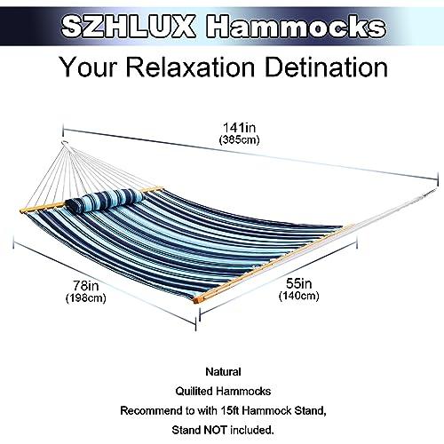 SZHLUX Outdoor Quilted Fabric Hammock with Spreader Bars and Detachable Pillow and Chains,Outdoor Patio Backyard Poolside, 450 LBS Weight Capacity, Catalina Beach - CookCave