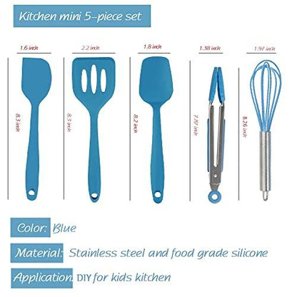 Collfa Mini Spatula And Mini Kitchen Utensil Set Small Five-Piece Set Tiny Silicone Kids Kitchen Tools Whisk Spatula Tongs Spoon And Slotted Spatula For Cooking(Kids Baking Supplies) Blue - CookCave