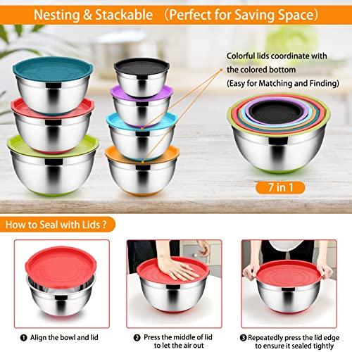 TeamFar Mixing Bowls, Mixing Bowls with Lids Set, Stainless Steel Large Metal Nesting Salad Bowl with Airtight Lid & Non-Slip Bottom, 7/3.5/3 / 2.5/1.5/1 / 0.7 QT, (Set of 7, Colorful) - CookCave