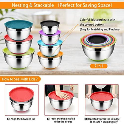 TeamFar Mixing Bowls, Mixing Bowls with Lids Set, Stainless Steel Large Metal Nesting Salad Bowl with Airtight Lid & Non-Slip Bottom, 7/3.5/3 / 2.5/1.5/1 / 0.7 QT, (Set of 7, Colorful) - CookCave