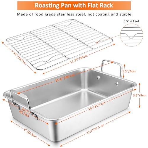 Leonyo Roasting Pan with Rack, 14 Inch Turkey Roasting Pan & Cooling Rack, Stainless Steel Baking Pans Non Stick Roaster Pan with Wire Rack for Cooking Ham, Chicken, Cake, Lasagna, Casserole - CookCave