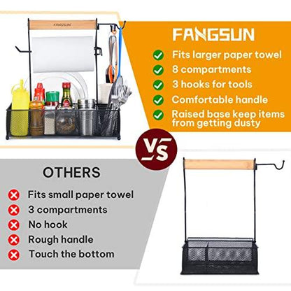 FANGSUN Large Grill Utensil Caddy, Picnic Condiment Caddy, BBQ Organizer for Outdoor Grilling, Camping Caddy with Paper Towel Holder for Plate Cutlery, Grill Accessories Storage for Tailgating, Black - CookCave