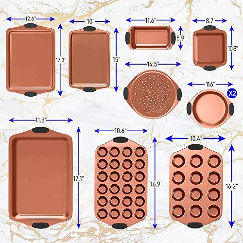 NutriChef, Bakeware Set, Baking Pans, Includes: Cookie Sheet(Large, Med), Roasting Pan, Loaf Pan, Pizza Pan, Muffin Pan(12, 24), Square Pan, Cake Pan(2), Nonstick, Kitchen Oven Trays, Copper, 10 pc - CookCave