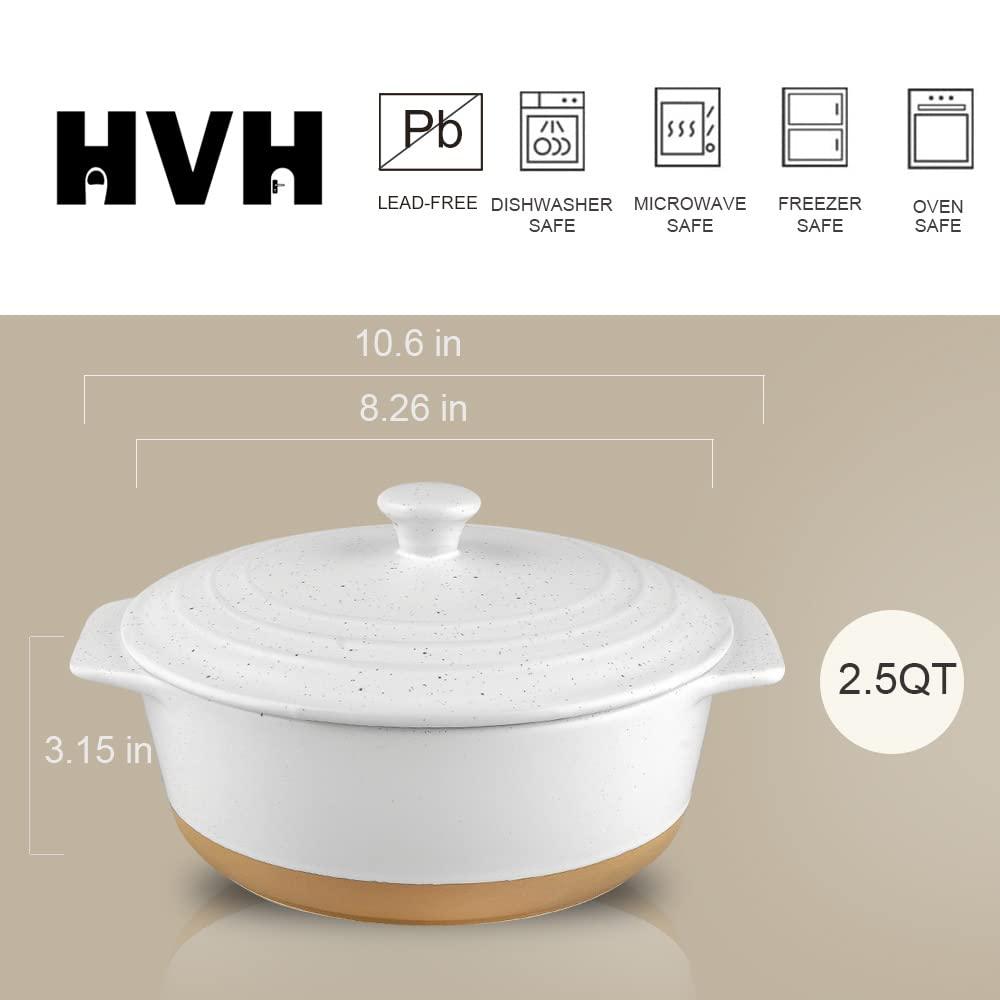 HVH Ceramic Casserole Dish with Lid Oven Safe, 2 Quart Round Casserole Dish Set, 9 Inches Round Baking Dish with Lid Oven Safe, Deep Baking Dishes for Oven with Lids for Party, Farmhouse Style (White) - CookCave