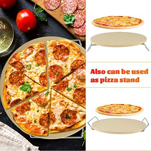 Round Pizza Stone for Oven Baking & BBQ Grilling | 12 x 12" Inch Durable Cordierite Cooking Stone with Free Wooden Pizza Peel & Handles - CookCave