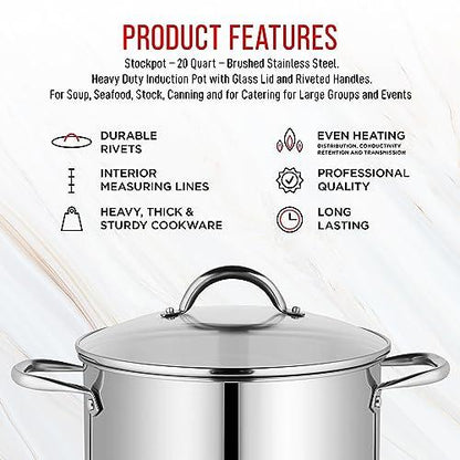 Bakken-Swiss Deluxe 20-Quart Stainless Steel Stockpot w/Tempered Glass See-Through Lid - Simmering Delicious Soups Stews & Induction Cooking - Exceptional Heat Distribution - Heavy-Duty & Food-Grade - CookCave