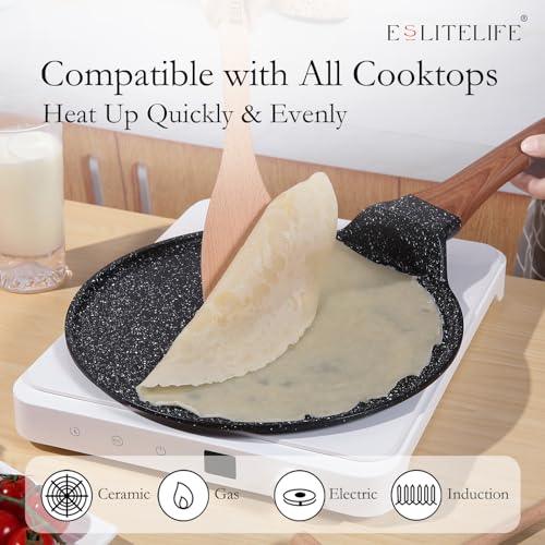 ESLITE LIFE Nonstick Crepe Pan with Spreader, 11 Inch Granite Coating Flat Skillet Tawa Dosa Tortilla Pan, Compatible with All Stovetops (Gas, Electric & Induction), PFOA Free, Black - CookCave