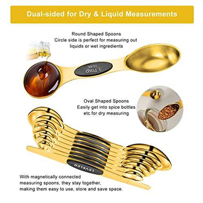 LIFETOWE Gold Measuring Cups and Spoons Set of 15, 18/8 Stainless Steel, Includes 7 Nesting Metal Measuring Cups,8 Magnetic Measuring Spoons set - Ideal Kitchen Gadgets for Cooking and Baking Needs - CookCave