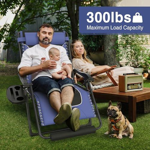 Slendor Zero Gravity Chairs Oversized,XL Zero Gravity Lounge Chair,29in Folding Outdoor Patio Recliner, Anti Gravity Chair for Lawn Backyard Office w/Headrest, Cup Holder, Support 300lbs, Black/Blue - CookCave