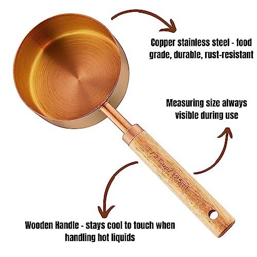 Copper Stainless Steel Measuring Cups and Spoons Set of 8, Wooden Handle with US Measurements, Metric Cups and Spoons for cooking and baking - CookCave