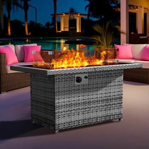 Yoyomax 43in Propane Fire Pit Table Rectangular, 55,000 BTU Flame, Hand Weave Rattan, Wind Guard, Waterproof Cover & Fire Beads, Propane Fire Table for Patio, Garden, Resto Hotel - CookCave