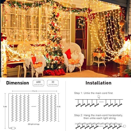 JMEXSUSS 600 LED Christmas Curtain Lights Outdoor, 9.5x19.6ft Christmas String Lights Plug in with Remote, 8 Modes Wall Hanging Lights for Bedroom Party Backdrop Wedding Christmas Decor, Warm White - CookCave