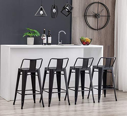 HAOBO Home 26" Low Back Metal Counter Stool Height Bar Stools [Set of 4] for Indoor/Outdoor Barstools, Matte Black - CookCave