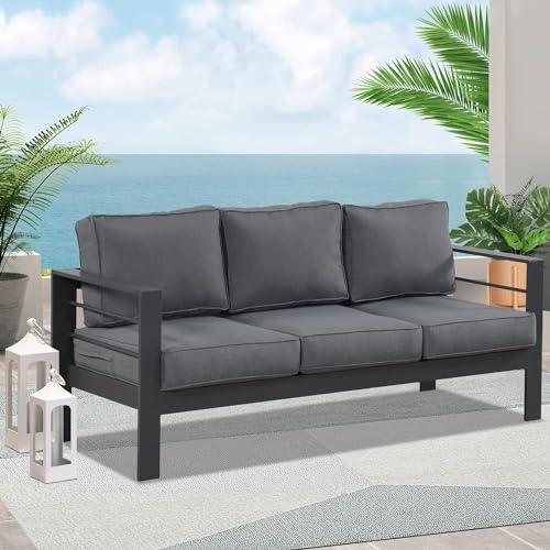 Wisteria Lane Patio Furniture Aluminum Sofa, All-Weather Outdoor 3 Seats Couch, Gray Metal Chair with Dark Grey Cushions - CookCave