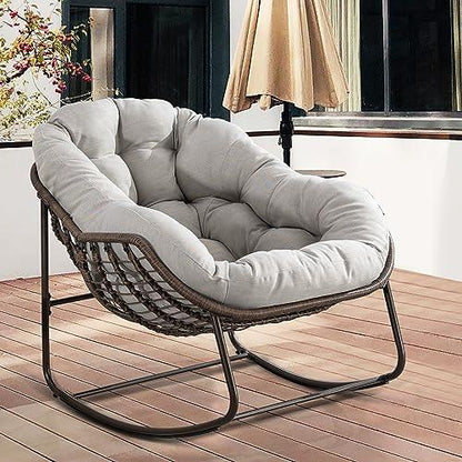 HOMEFUN Outdoor Patio Rocking Chairs, Oversized Papasan Rocking Chair Indoor with Padded Cushion - Rocker Egg Chair for Front Porch, Garden, Patio, Backyard Beige - CookCave