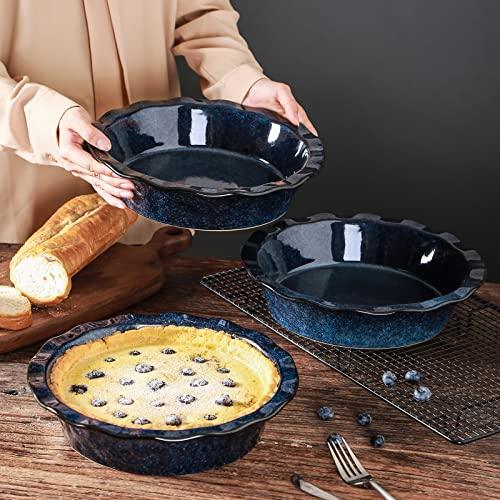 vicrays Ceramic Pie Pan for Baking - 9 inch Pie Plate, Round, Fluted and Deep Pie Dish for Tart, Pizza, Apple Pie, Quiche, Pot Pies, Cake - Reactive Glaze (Starry Blue) - CookCave