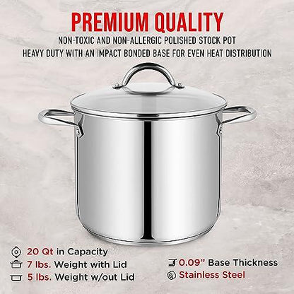 Bakken-Swiss Deluxe 20-Quart Stainless Steel Stockpot w/Tempered Glass See-Through Lid - Simmering Delicious Soups Stews & Induction Cooking - Exceptional Heat Distribution - Heavy-Duty & Food-Grade - CookCave