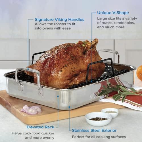 Viking Culinary 3-Ply Stainless Steel Roasting Pan, Includes a Nonstick Rack, Dishwasher, Oven Safe, Works on All Cooktops including Induction - CookCave