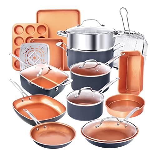 Gotham Steel 20 Pc Pots and Pans Set, Bakeware Set, Ceramic Cookware Set for Kitchen, Long Lasting Non Stick Pots and Pans Set with Lids Dishwasher / Oven Safe, Non Toxic-Copper - CookCave