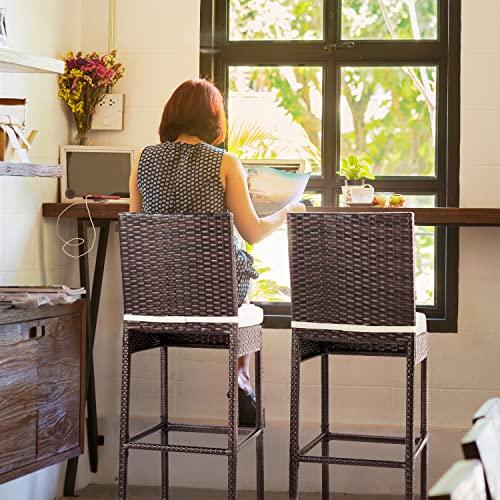 Outdoor Bar Stools Wicker Woven Patio Stools & Patio Bar Chairs Set of 4 Counter Bar Height Stools with Footrest Armless Cushion Beige All Weather Rattan Garden Stool for Pool Lawn Porch Backyard - CookCave