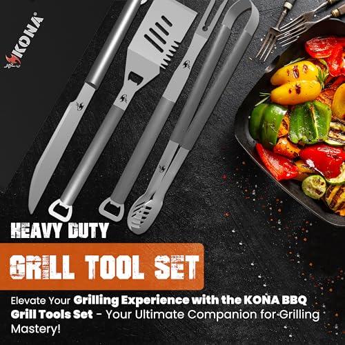 KONA BBQ Grill Tools Set with Case - 18 inches Long to Keep Hands Away from Heat, Premium Stainless Steel Grilling Utensils with Bottle Opener Handles - Makes A Great Gift - CookCave